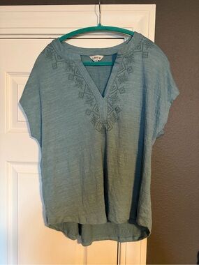 Orvis Teal Embroidered V-Neck Tunic Top